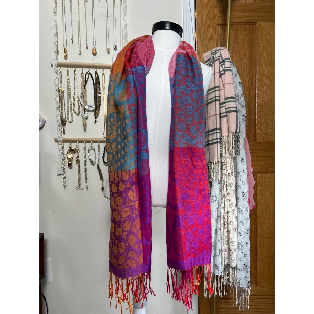 Y2K Coach Patchwork Signature Logo Scarf Purple Pink Orange Blue Fringe Jacquard - Picture 9 of 9